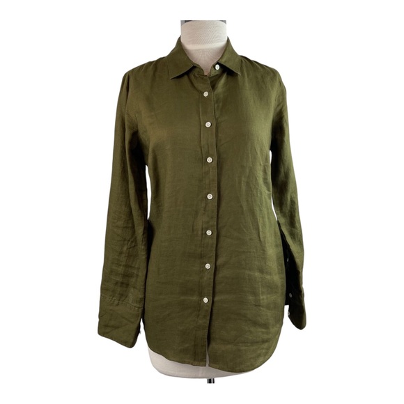 J. Crew Olive Green 100% Linen Women’s Shirt Button Down Size 0 Long Sleeve - Picture 2 of 12